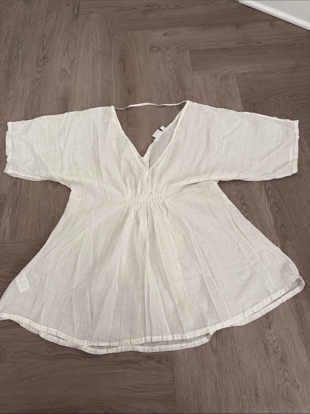 ONIA Lightweight white w/gold stripes V-Neck Peasant Top Beach cover up  M/L